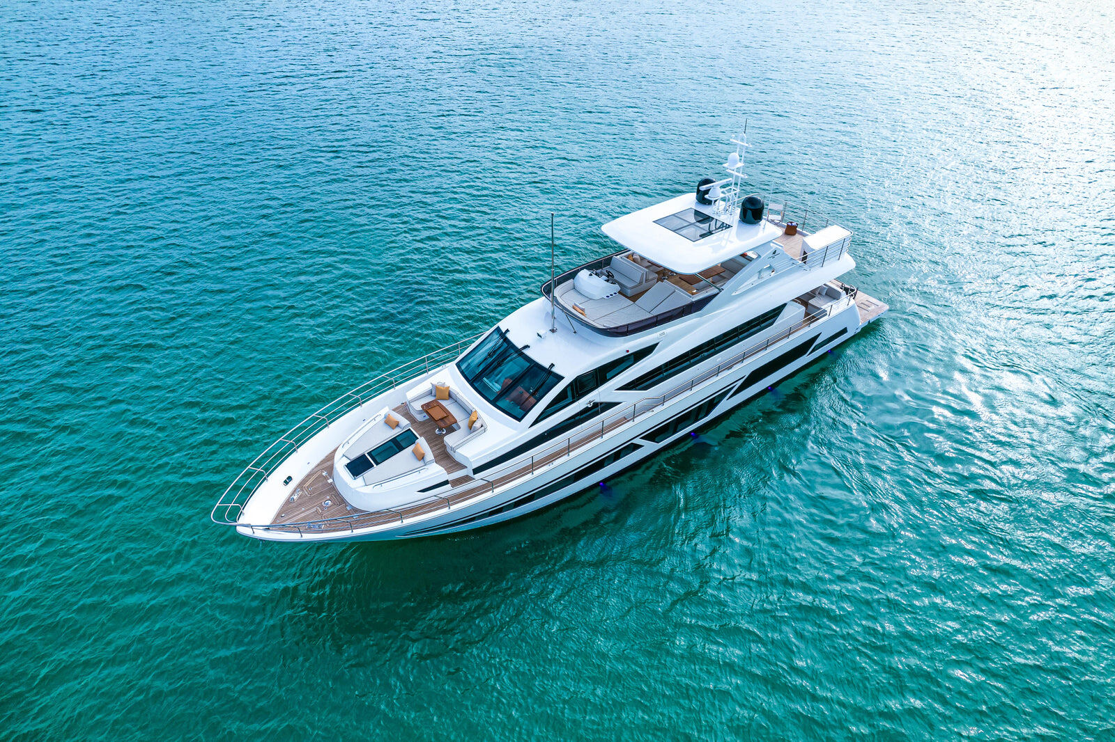 Aerial view of the Longreef 90SX at anchor